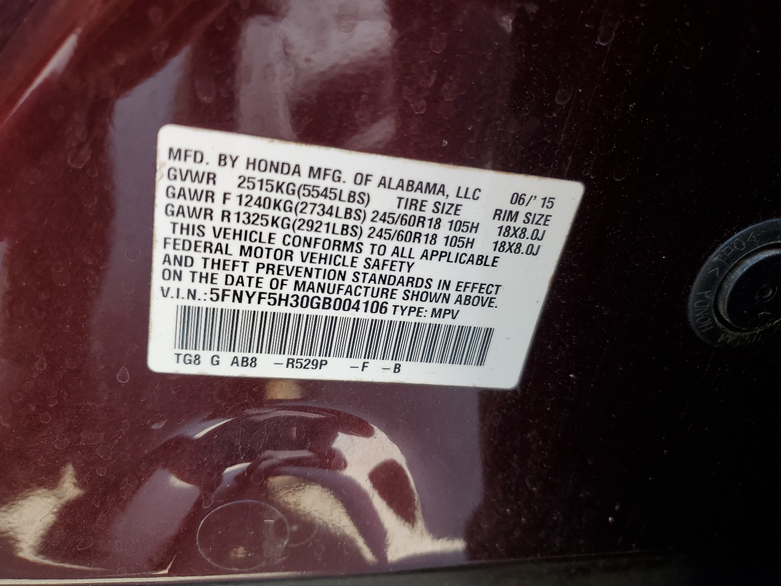 5FNYF5H30GB004106 2016 Honda Pilot Ex