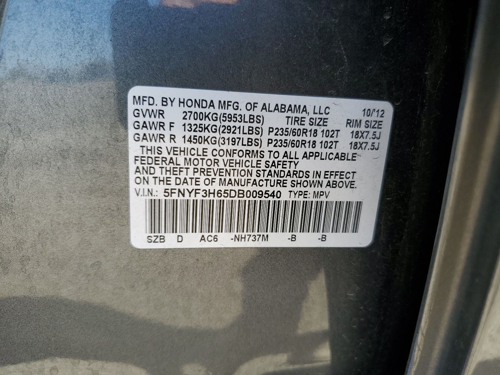 5FNYF3H65DB009540 2013 Honda Pilot Exl
