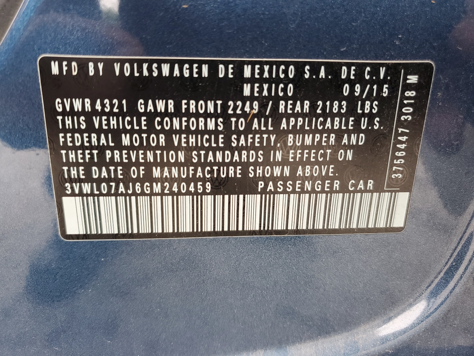 3VWL07AJ6GM240459 2016 Volkswagen Jetta Sel