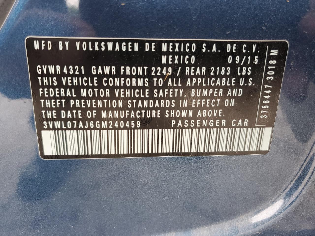 2016 Volkswagen Jetta Sel VIN: 3VWL07AJ6GM240459 Lot: 63791164