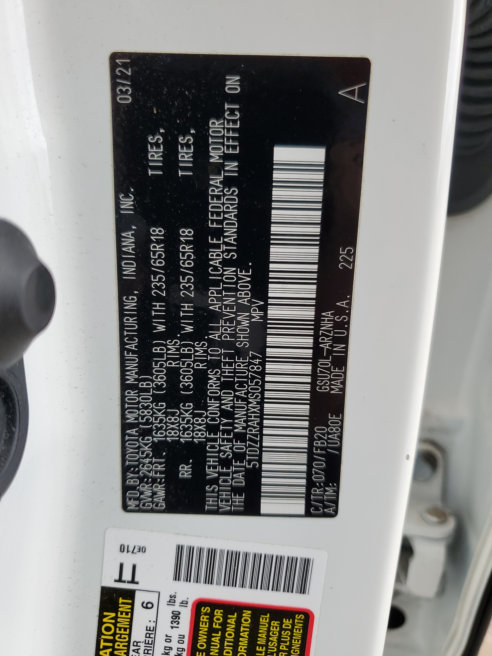 5TDZZRAHXMS057847 2021 Toyota Highlander L