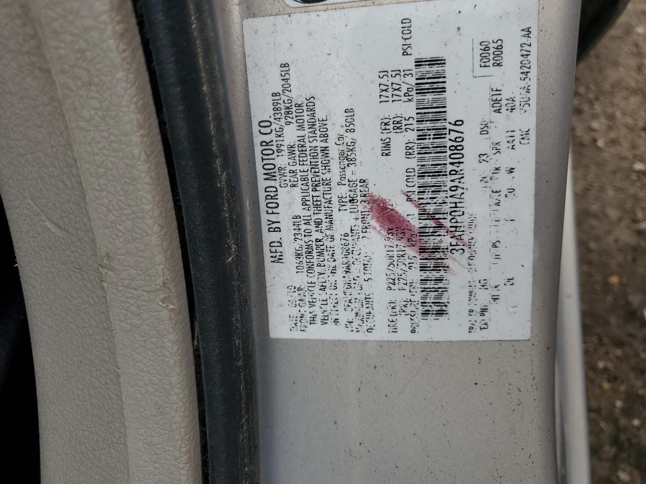 2010 Ford Fusion Se VIN: 3FAHP0HA9AR408676 Lot: 64637714