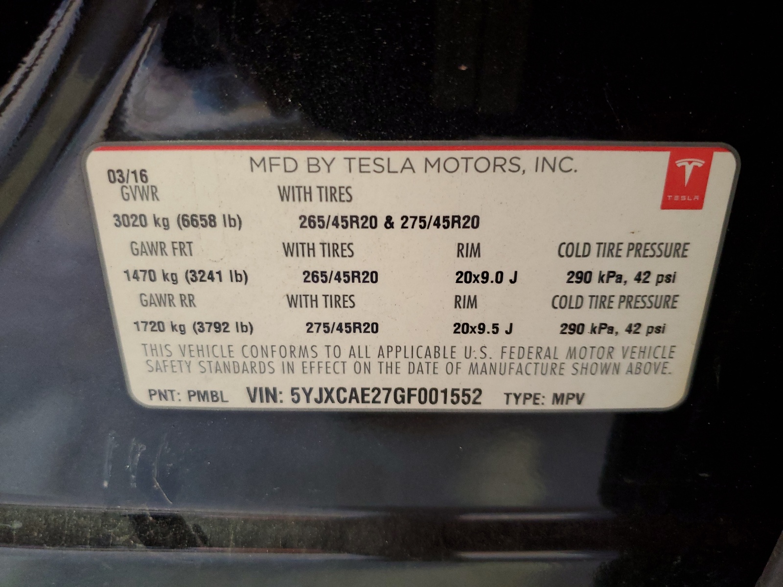 5YJXCAE27GF001552 2016 Tesla Model X