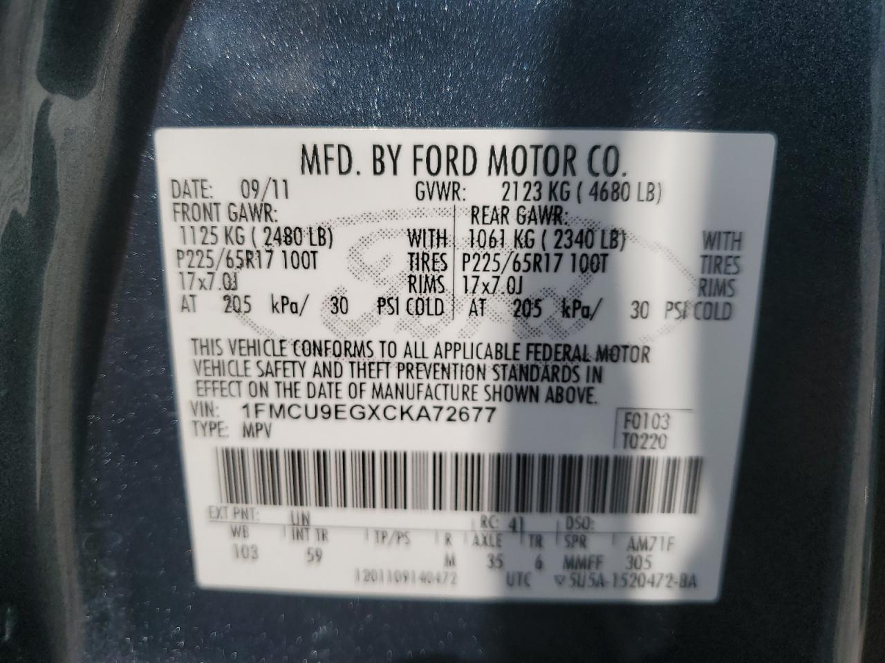 2012 Ford Escape Limited VIN: 1FMCU9EGXCKA72677 Lot: 64643464