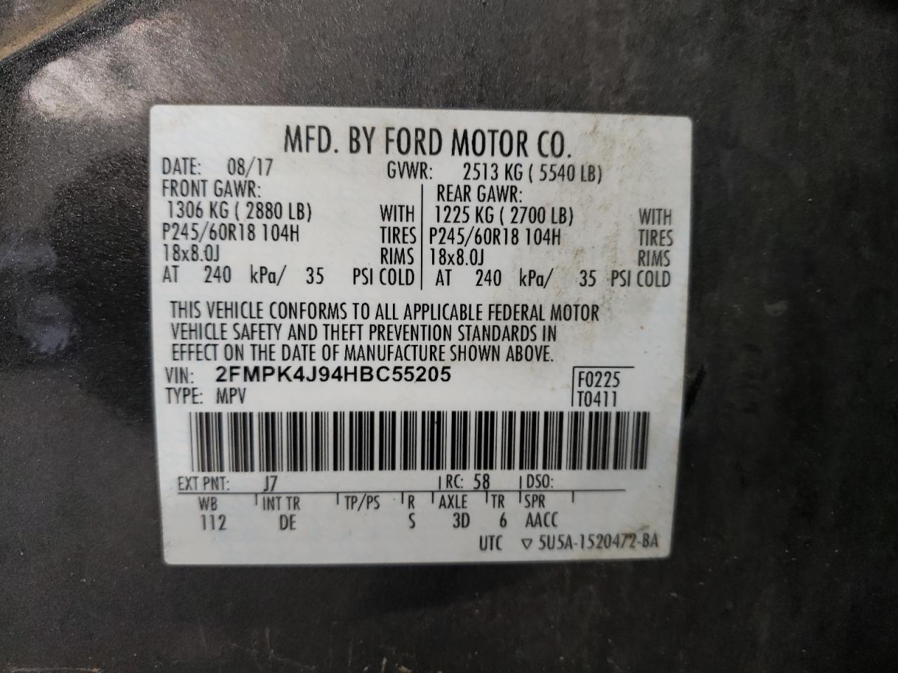 2017 Ford Edge Sel VIN: 2FMPK4J94HBC55205 Lot: 62073994