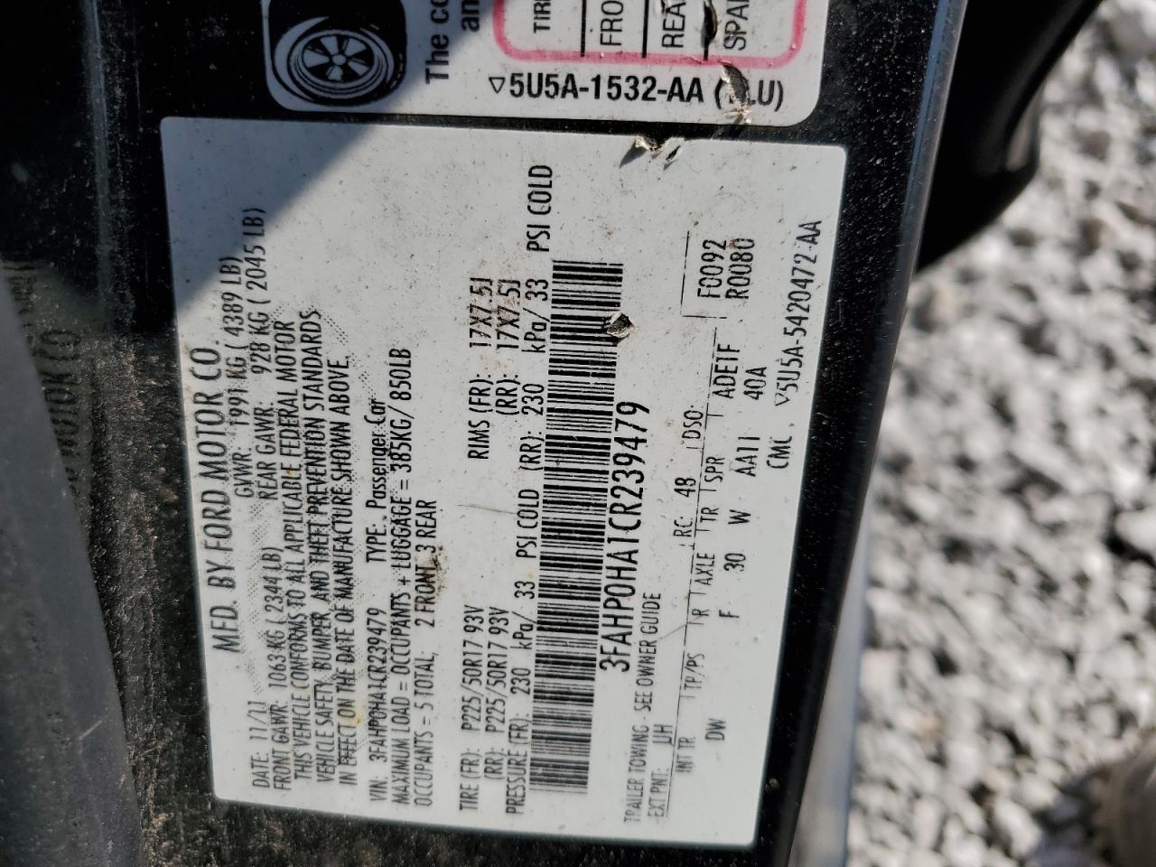 2012 Ford Fusion Se VIN: 3FAHP0HA1CR239479 Lot: 63751824