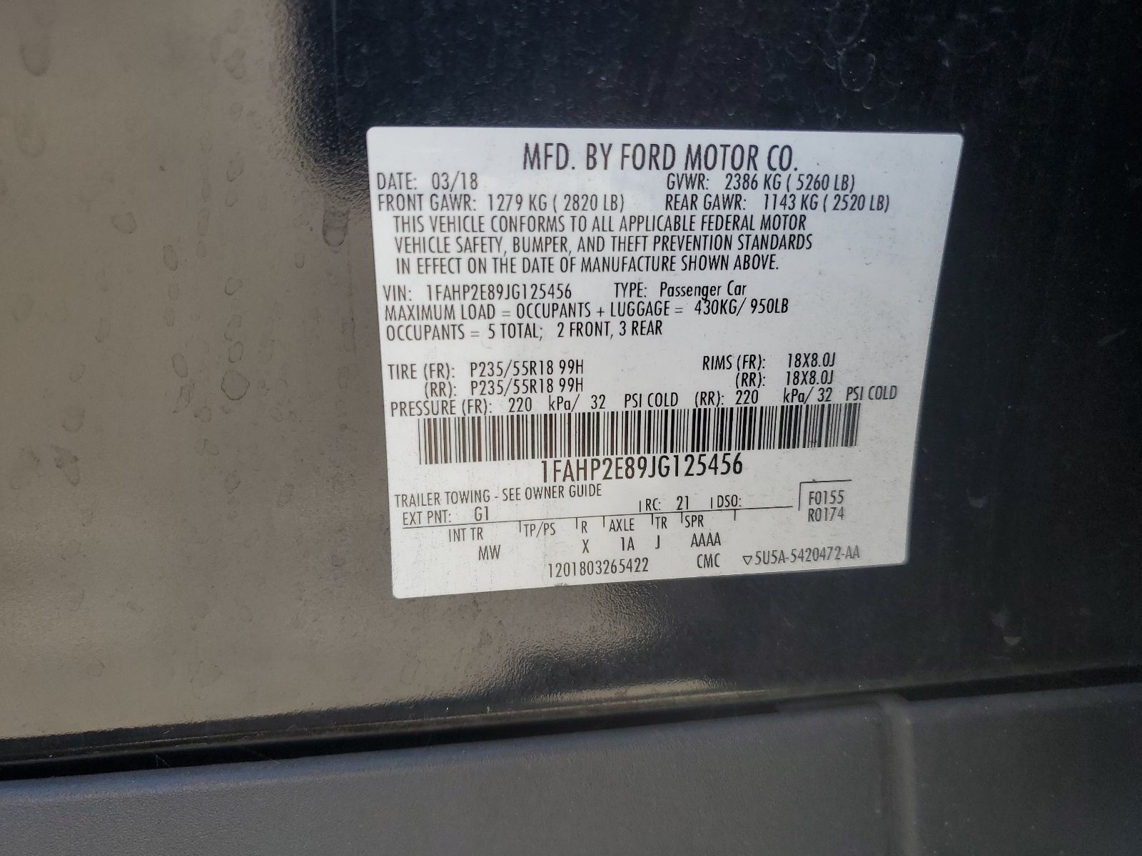 1FAHP2E89JG125456 2018 Ford Taurus Sel