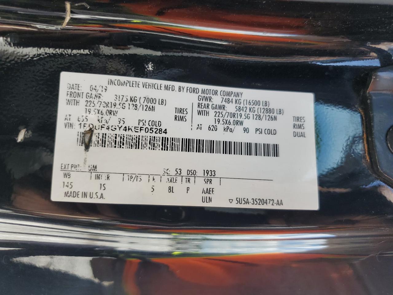 2019 Ford F450 Super Duty VIN: 1FDUF4GY4KEF05284 Lot: 63894254