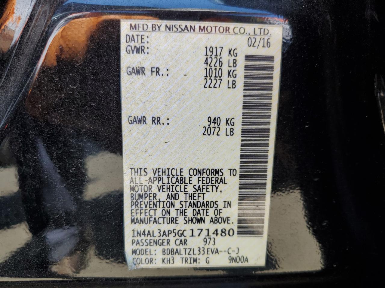 2016 Nissan Altima 2.5 VIN: 1N4AL3AP5GC171480 Lot: 62961254