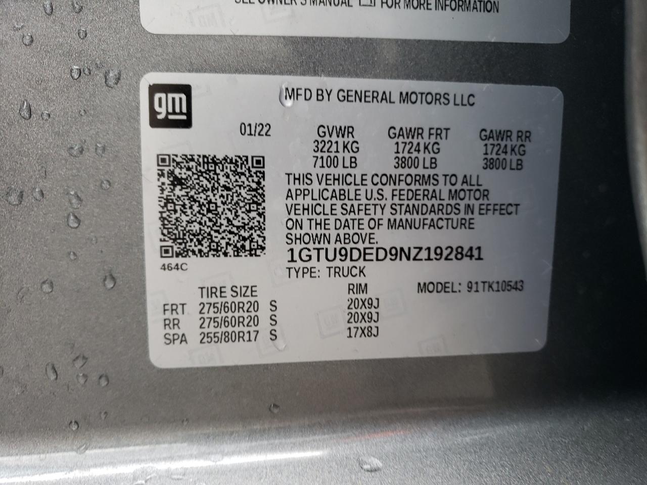 2022 GMC Sierra Limited K1500 Slt VIN: 1GTU9DED9NZ192841 Lot: 62994264