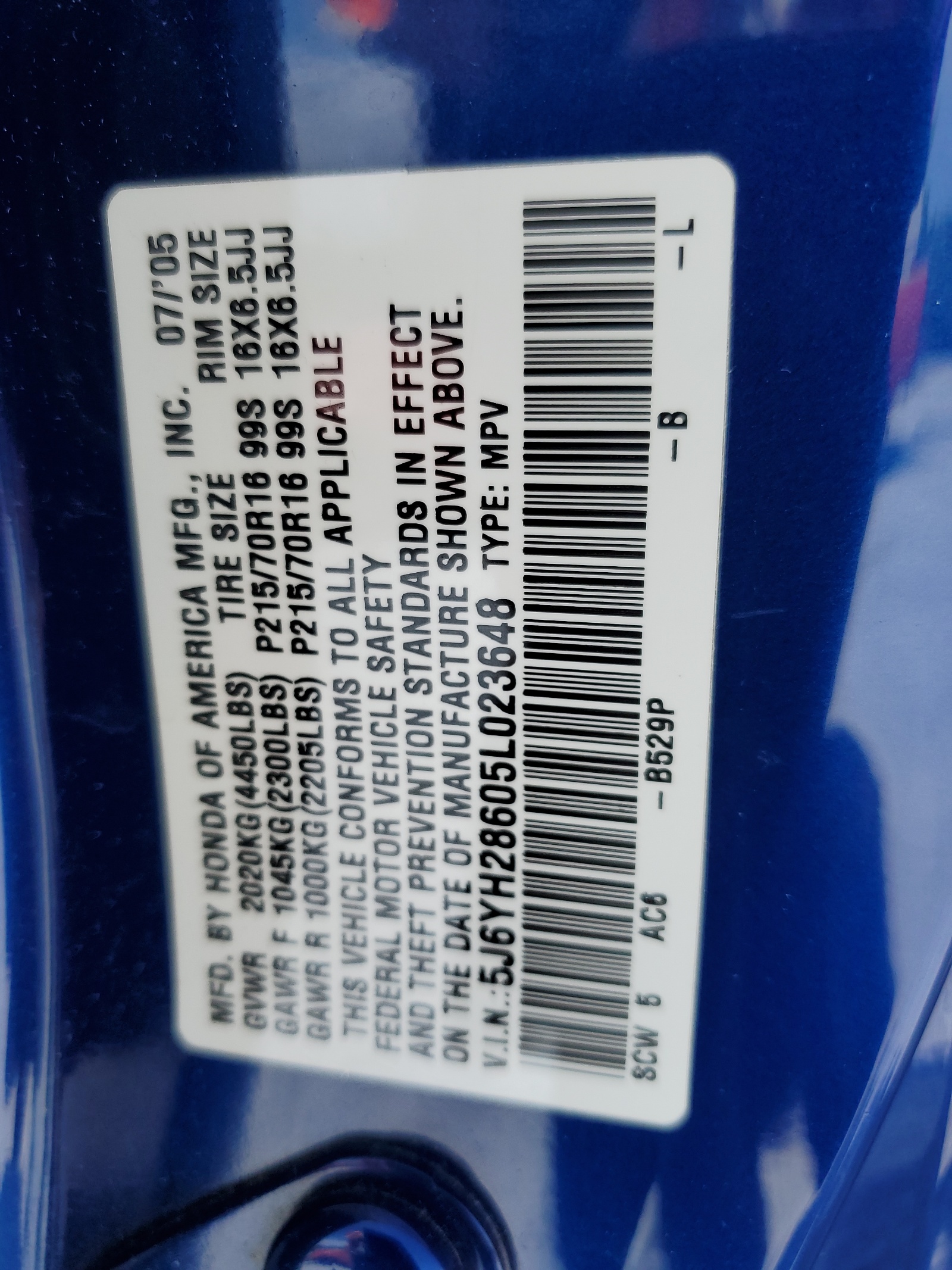 5J6YH28605L023648 2005 Honda Element Ex