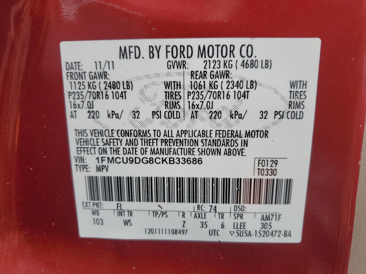 2012 Ford Escape Xlt VIN: 1FMCU9DG8CKB33686 Lot: 65090934
