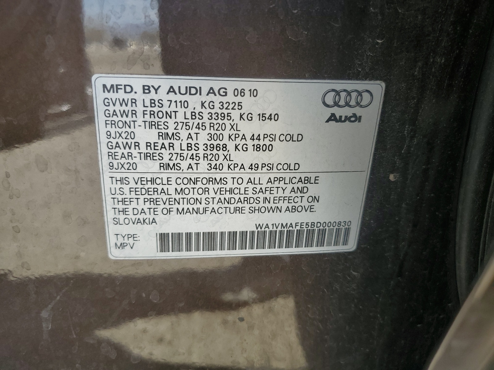 WA1VMAFE5BD000830 2011 Audi Q7 Prestige