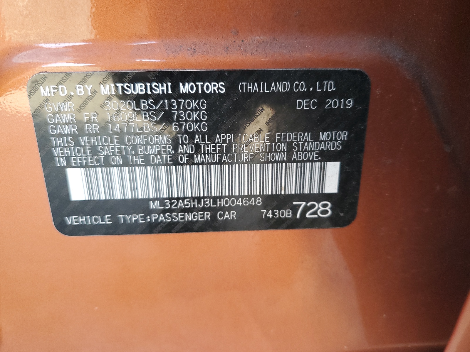 ML32A5HJ3LH004648 2020 Mitsubishi Mirage Le