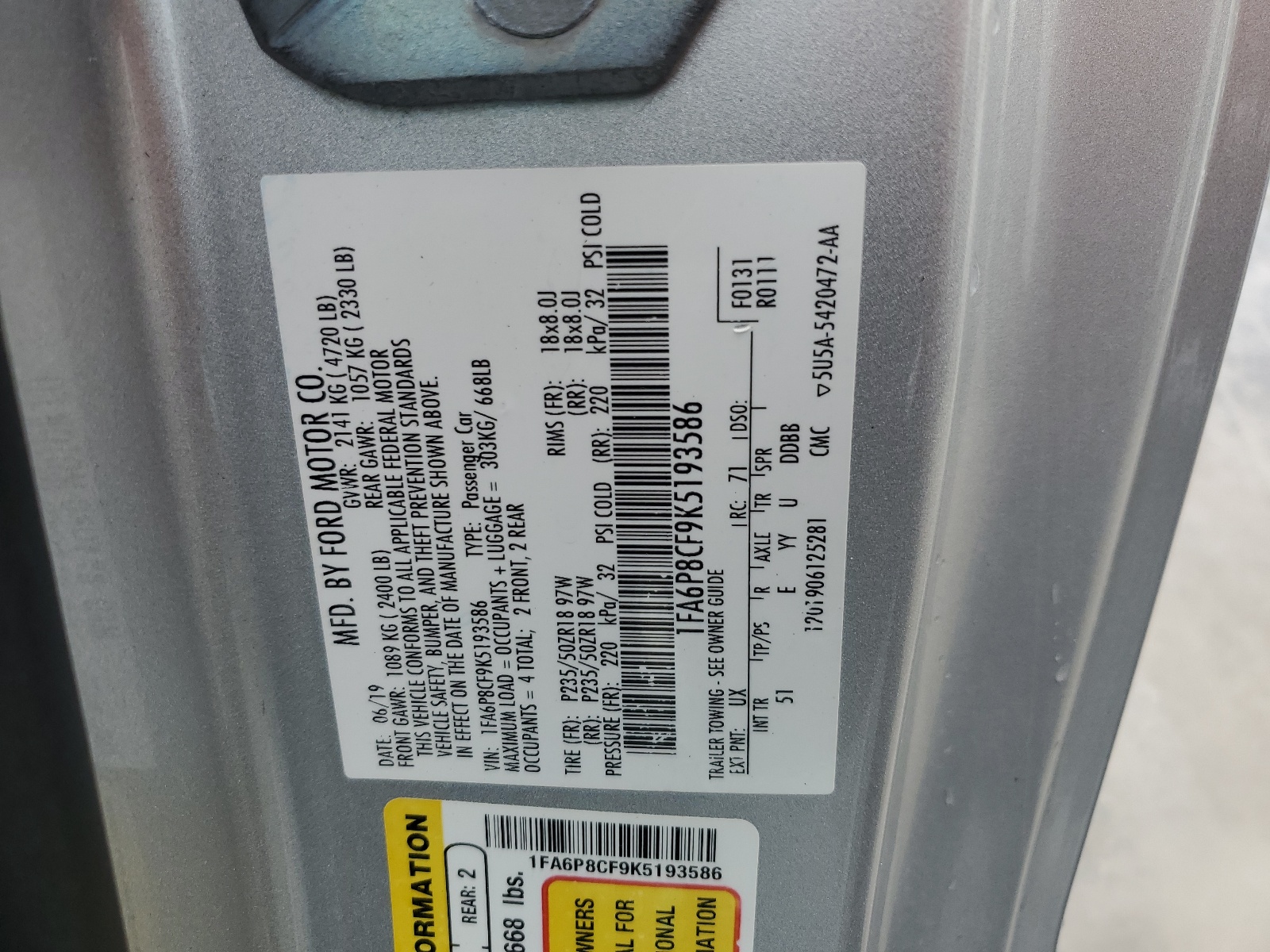 1FA6P8CF9K5193586 2019 Ford Mustang Gt