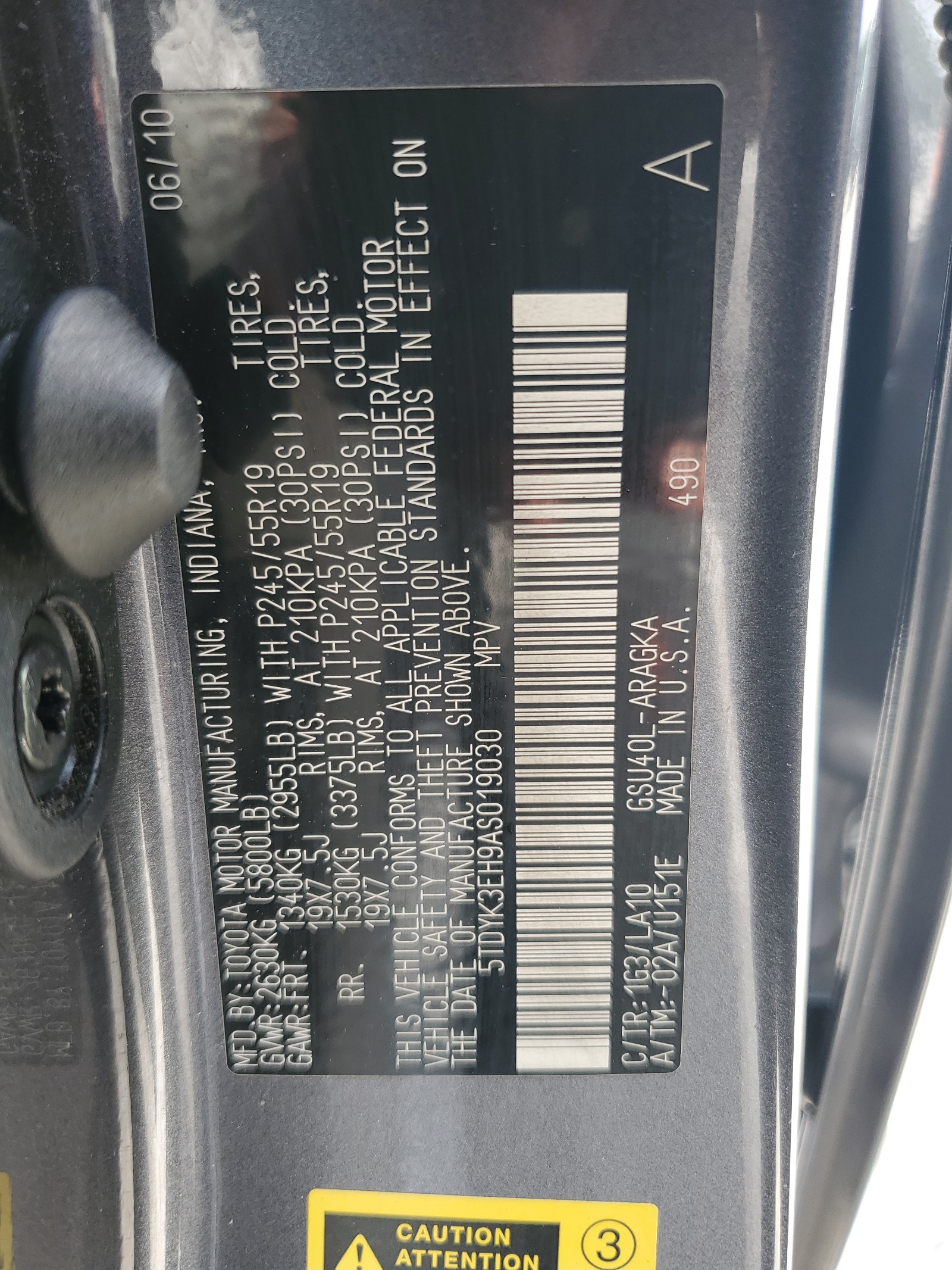 5TDYK3EH9AS019030 2010 Toyota Highlander Limited