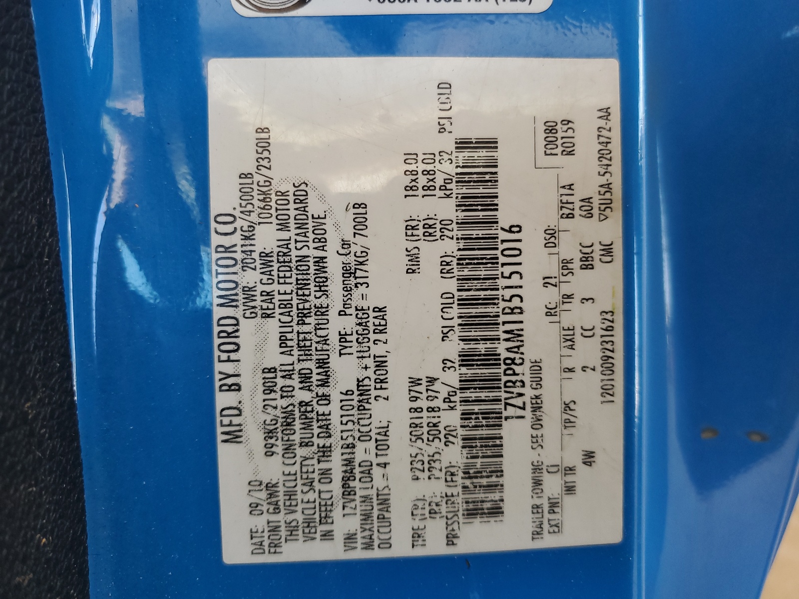 1ZVBP8AM1B5151016 2011 Ford Mustang