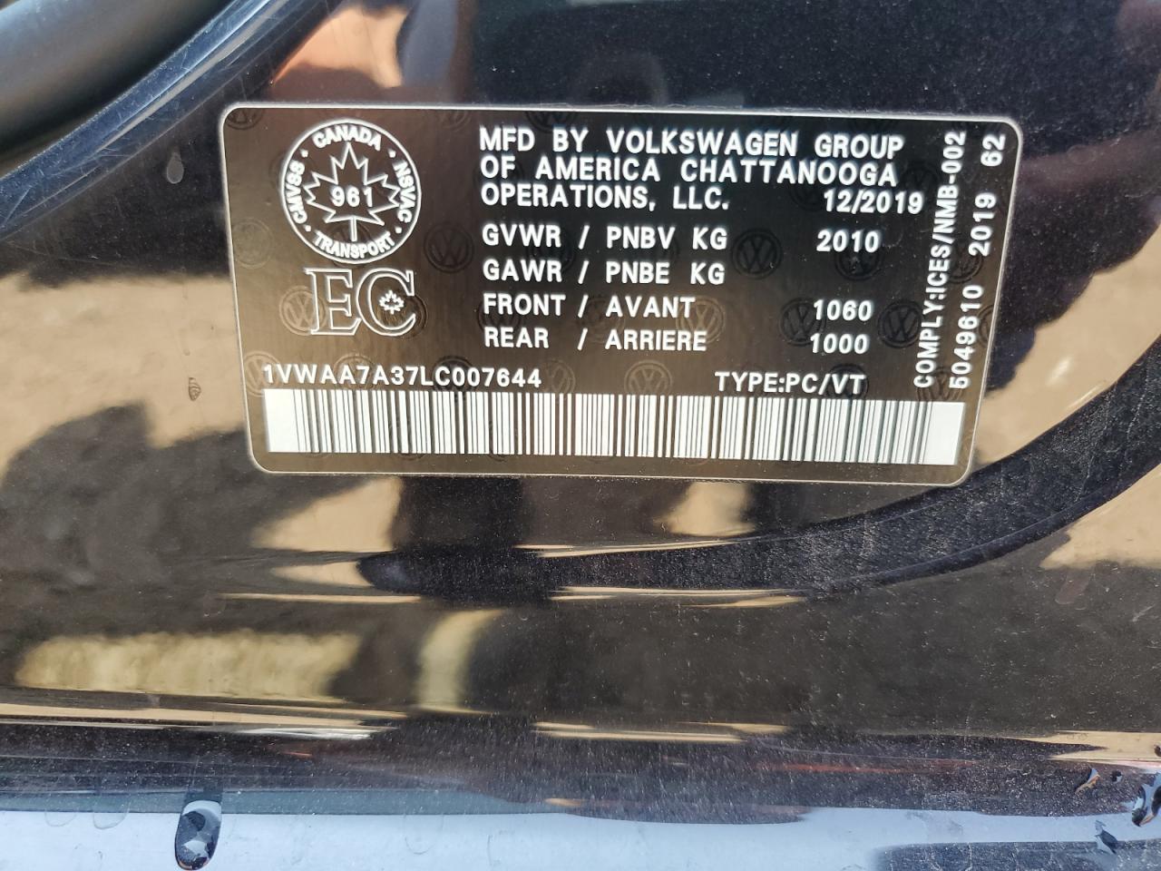 2020 Volkswagen Passat S VIN: 1VWAA7A37LC007644 Lot: 88062925