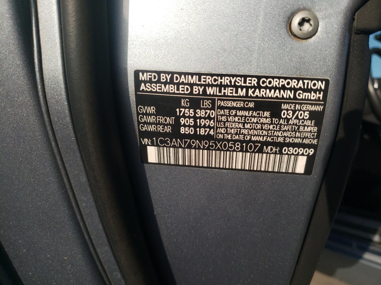 2005 Chrysler Crossfire Srt-6 VIN: 1C3AN79N95X058107 Lot: 61606304