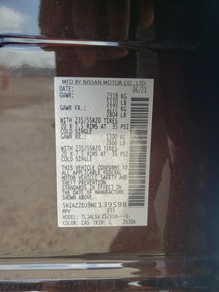 2021 Nissan Murano Platinum VIN: 5N1AZ2DJ9MC139598 Lot: 63353824