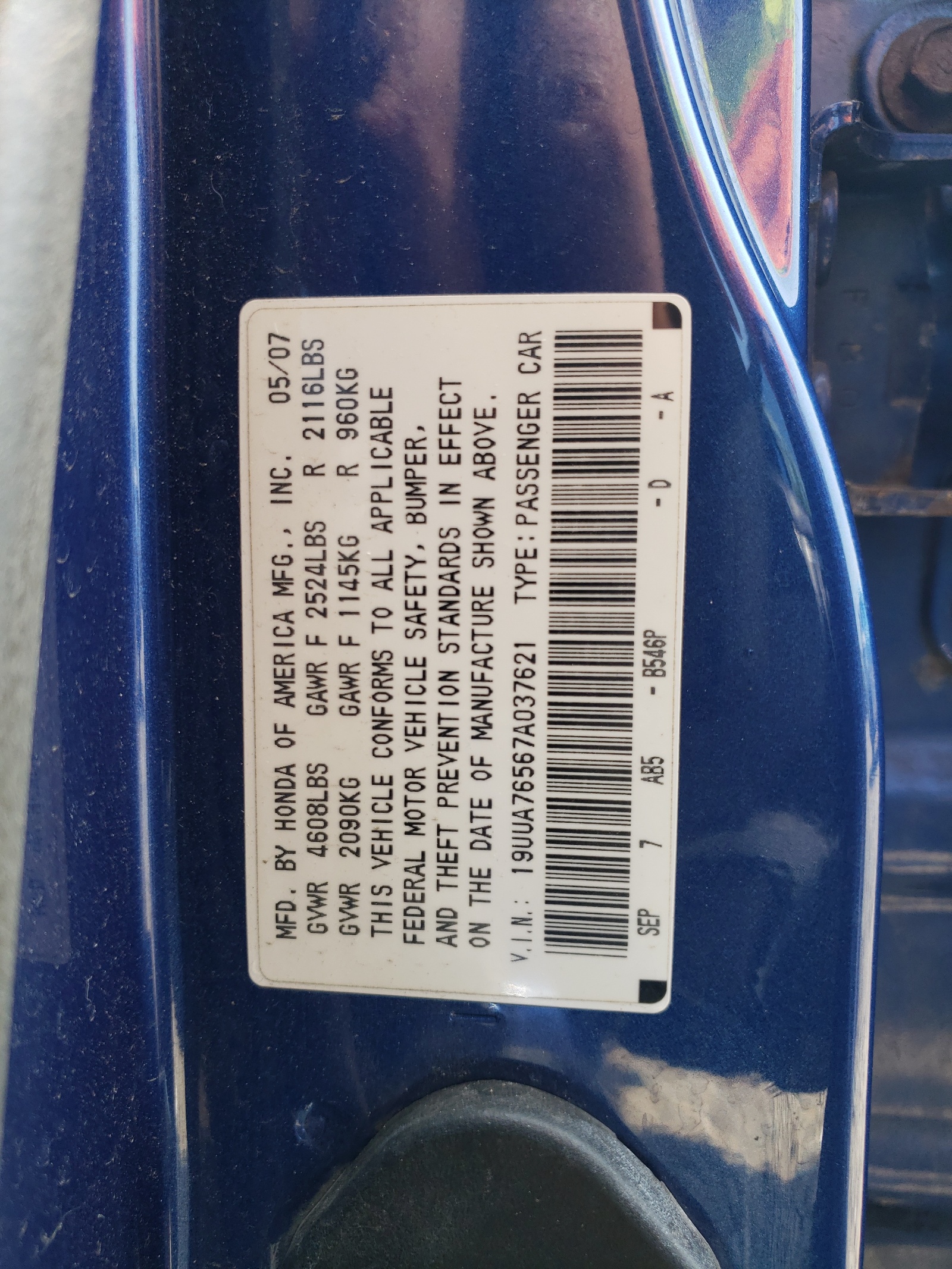 19UUA76567A037621 2007 Acura Tl Type S