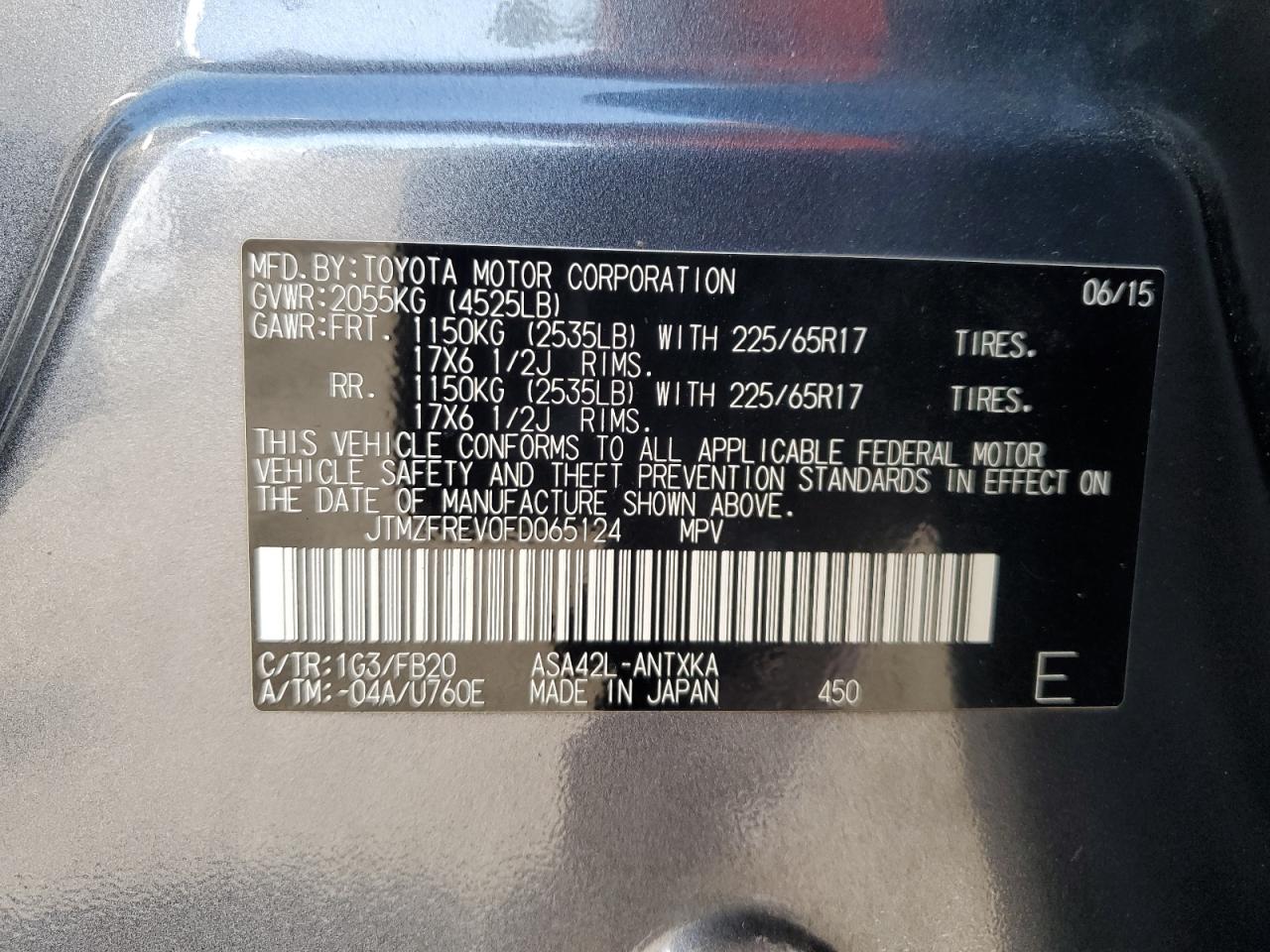 2015 Toyota Rav4 Le VIN: JTMZFREV0FD065124 Lot: 61827064