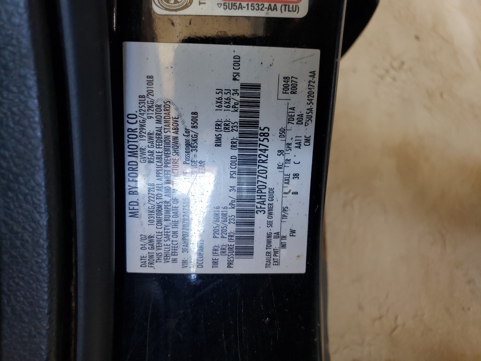 3FAHP07Z07R247585 2007 Ford Fusion Se