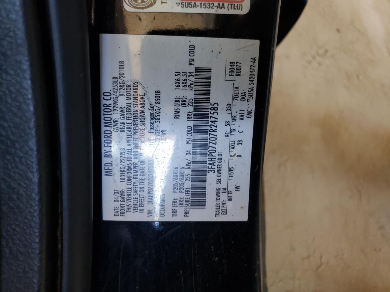 2007 Ford Fusion Se VIN: 3FAHP07Z07R247585 Lot: 62648354