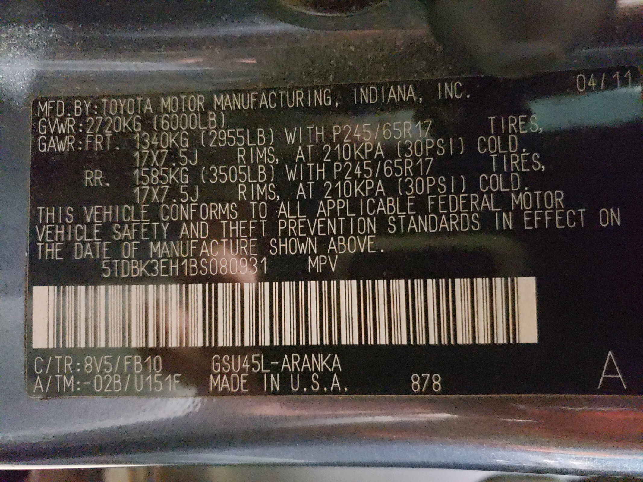 5TDBK3EH1BS080931 2011 Toyota Highlander Base