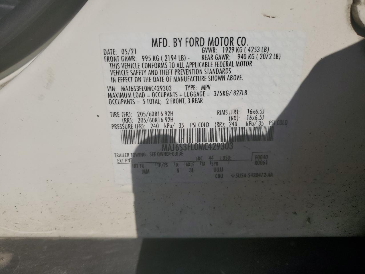 2021 Ford Ecosport S VIN: MAJ6S3FL0MC429303 Lot: 64750484