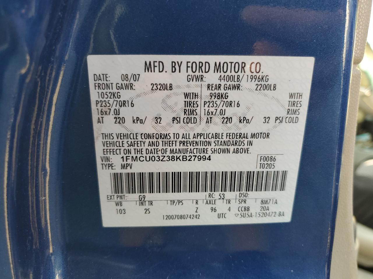 2008 Ford Escape Xlt VIN: 1FMCU03Z38KB27994 Lot: 64965724
