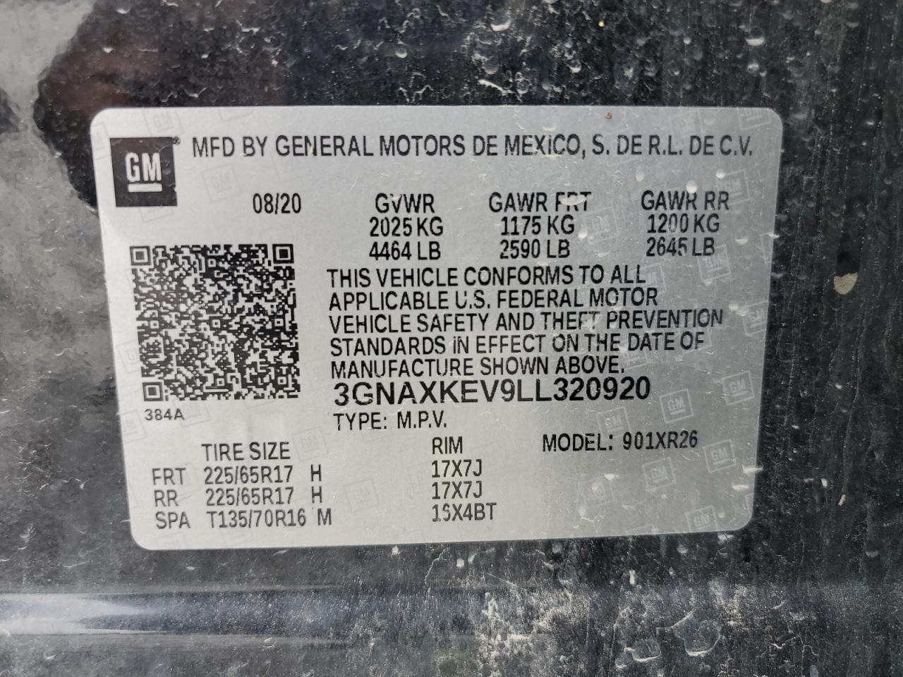 3GNAXKEV9LL320920 2020 Chevrolet Equinox Lt