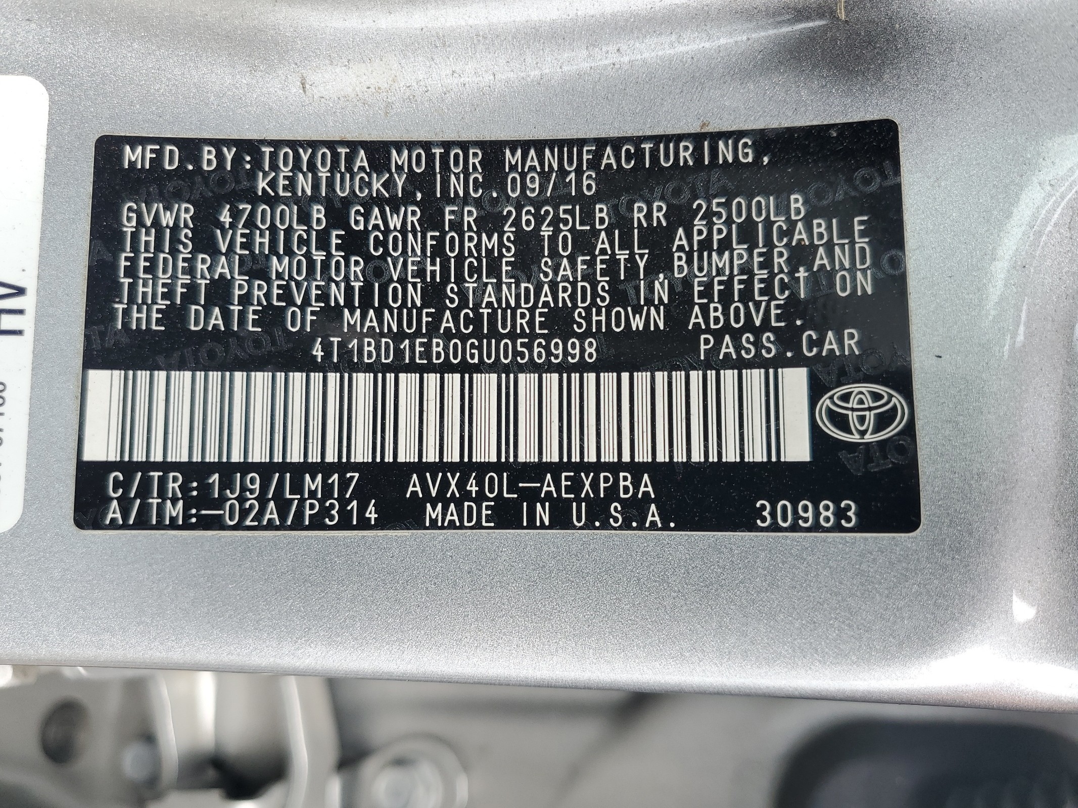 4T1BD1EB0GU056998 2016 Toyota Avalon Hybrid