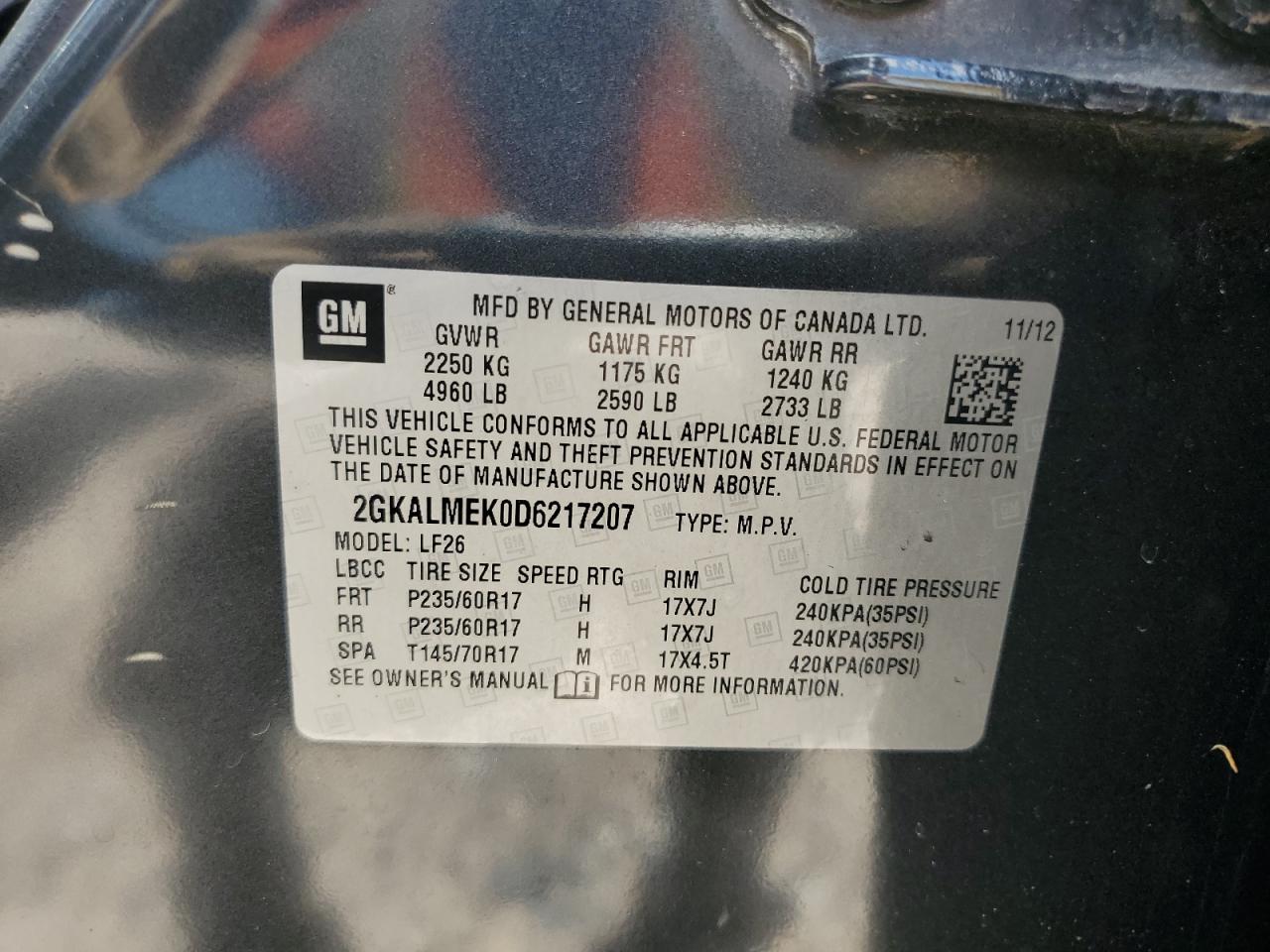 2013 GMC Terrain Sle VIN: 2GKALMEK0D6217207 Lot: 63418764