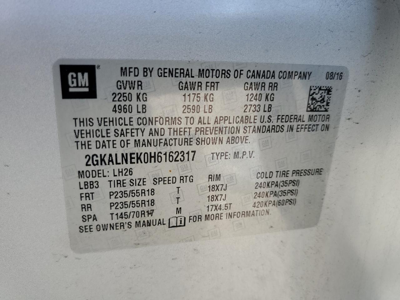 2017 GMC Terrain Sle VIN: 2GKALNEK0H6162317 Lot: 60631984