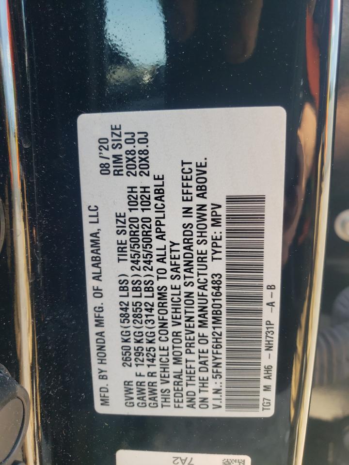 2021 Honda Pilot Se VIN: 5FNYF6H21MB016483 Lot: 64562184