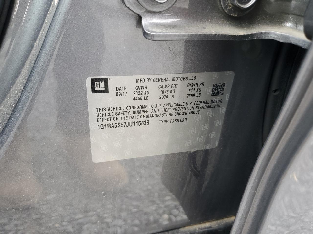 2018 Chevrolet Volt Lt VIN: 1G1RA6S57JU115438 Lot: 63772204