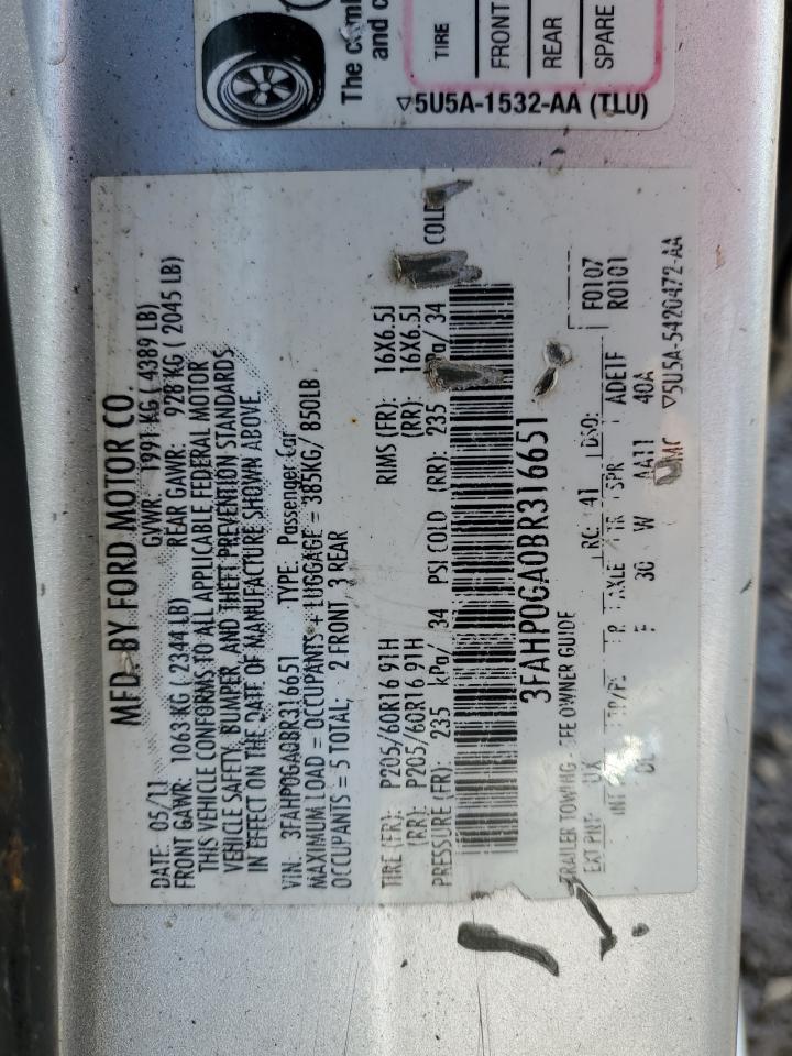 2011 Ford Fusion S VIN: 3FAHP0GA0BR316651 Lot: 62556324