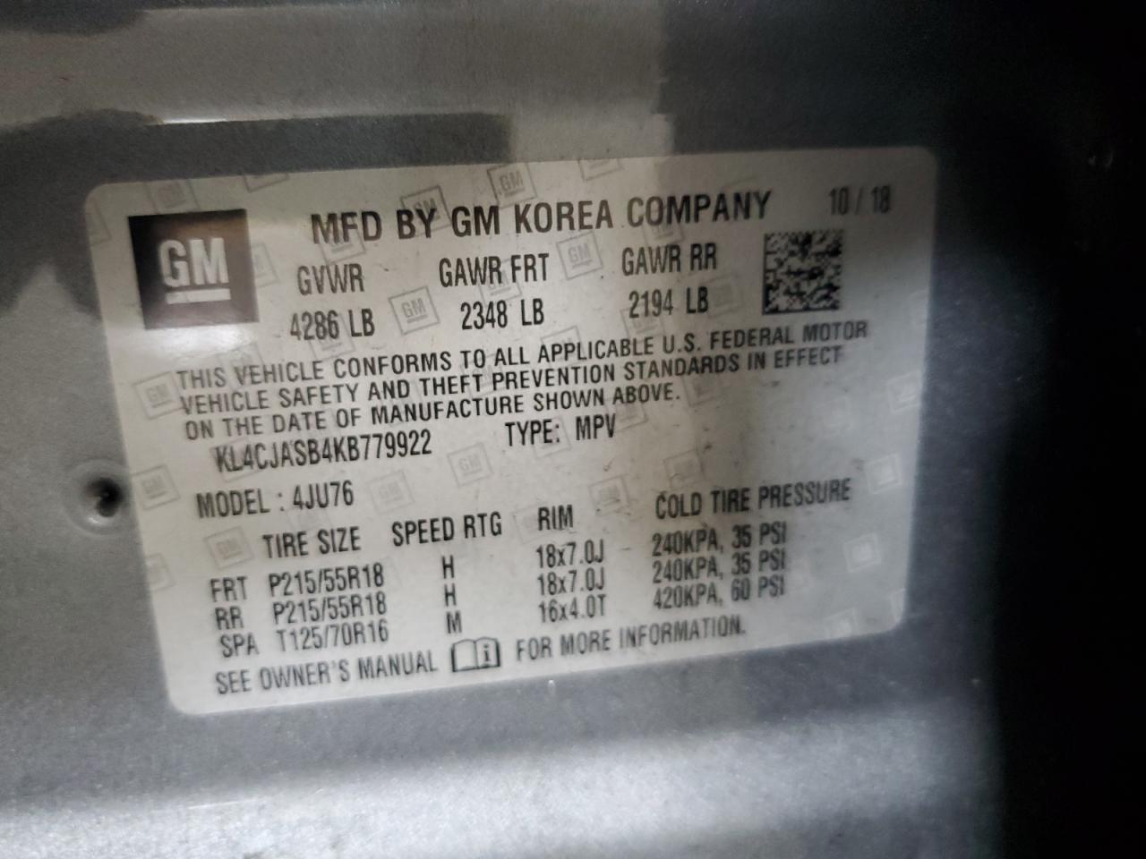 2019 Buick Encore Preferred VIN: KL4CJASB4KB779922 Lot: 64793884