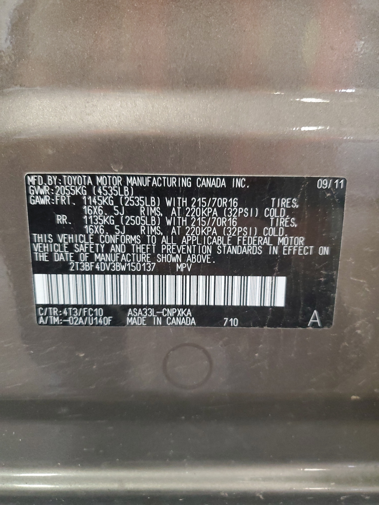 2T3BF4DV3BW150137 2011 Toyota Rav4