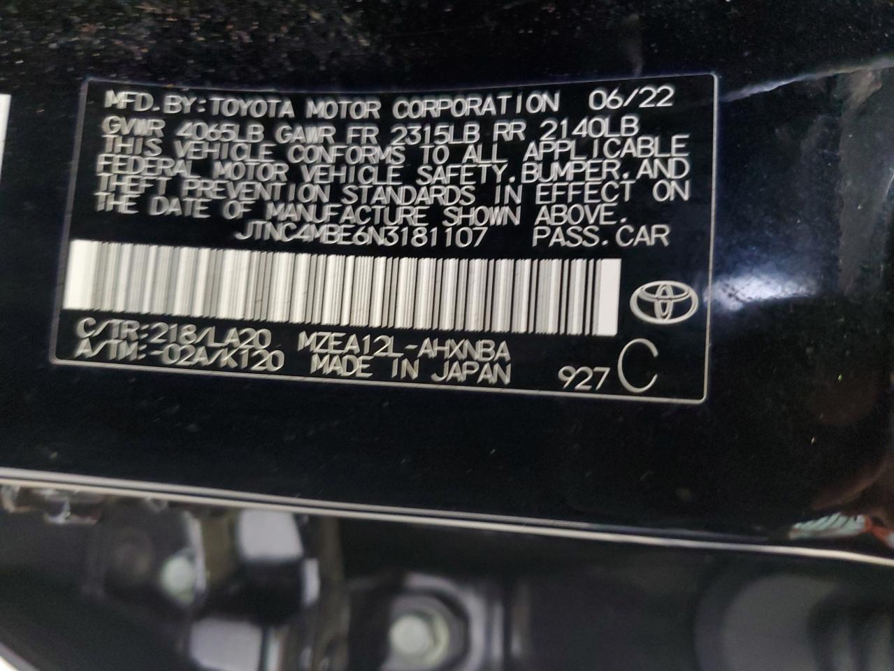 2022 Toyota Corolla Xse VIN: JTNC4MBE6N3181107 Lot: 63853274