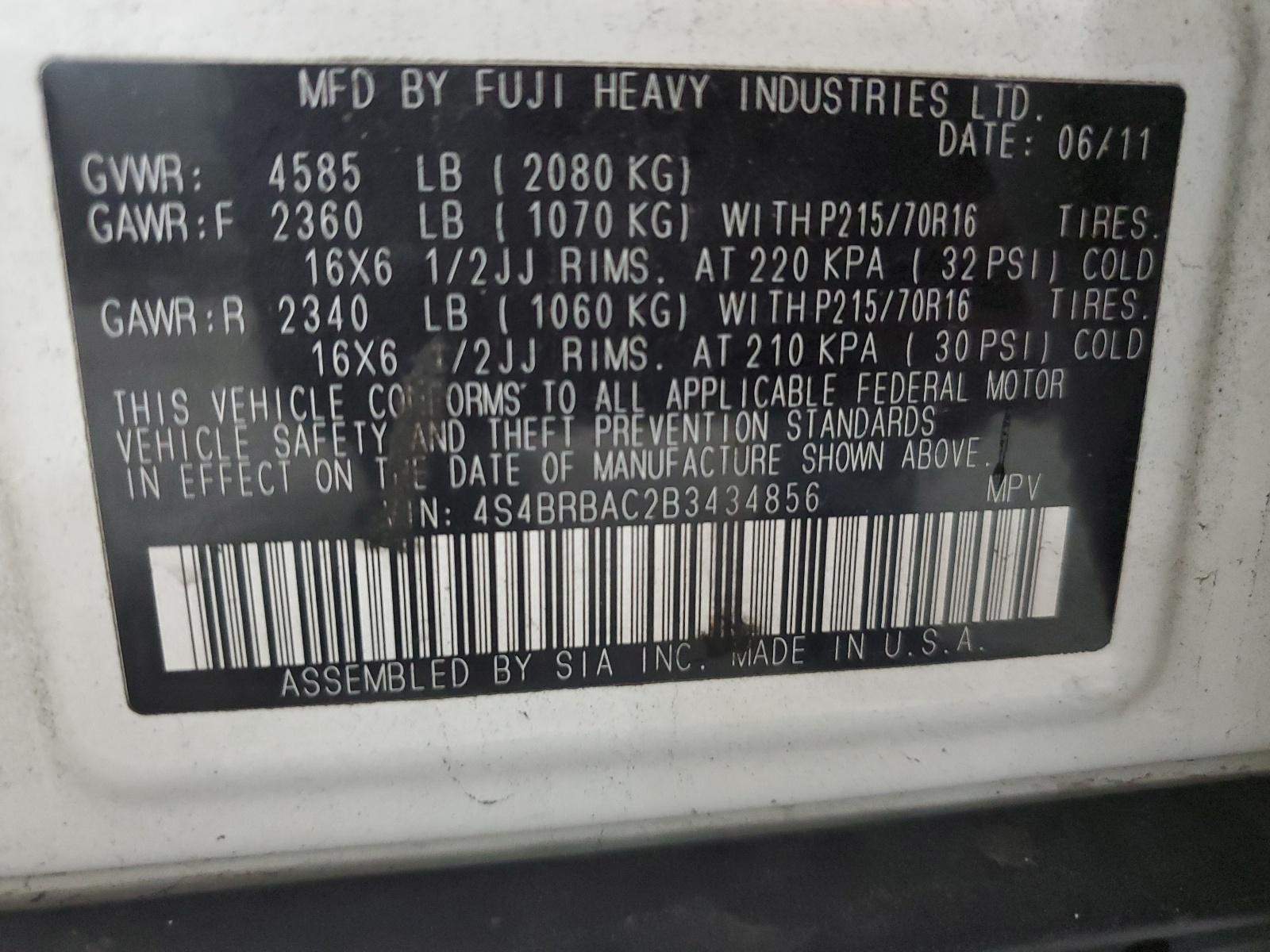 4S4BRBAC2B3434856 2011 Subaru Outback 2.5I