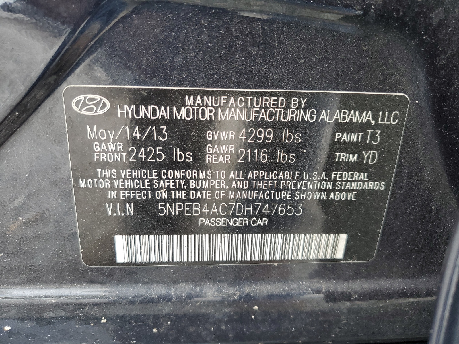 5NPEB4AC7DH747653 2013 Hyundai Sonata Gls