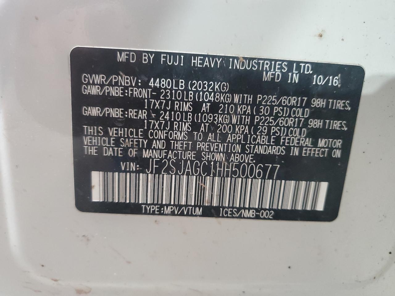 2017 Subaru Forester 2.5I Premium VIN: JF2SJAGC1HH500677 Lot: 62503204