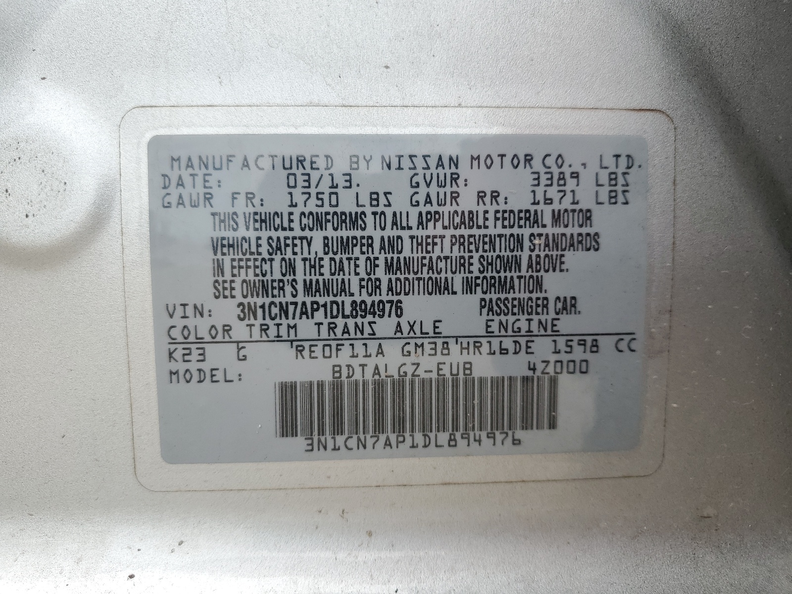 3N1CN7AP1DL894976 2013 Nissan Versa S