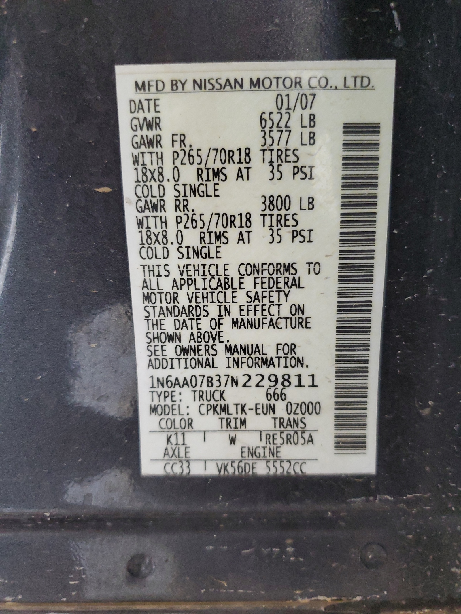 1N6AA07B37N229811 2007 Nissan Titan Xe