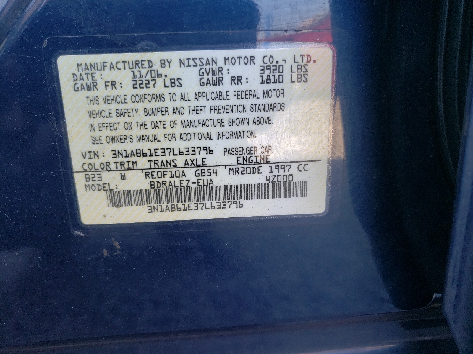 3N1AB61E37L633796 2007 Nissan Sentra 2.0