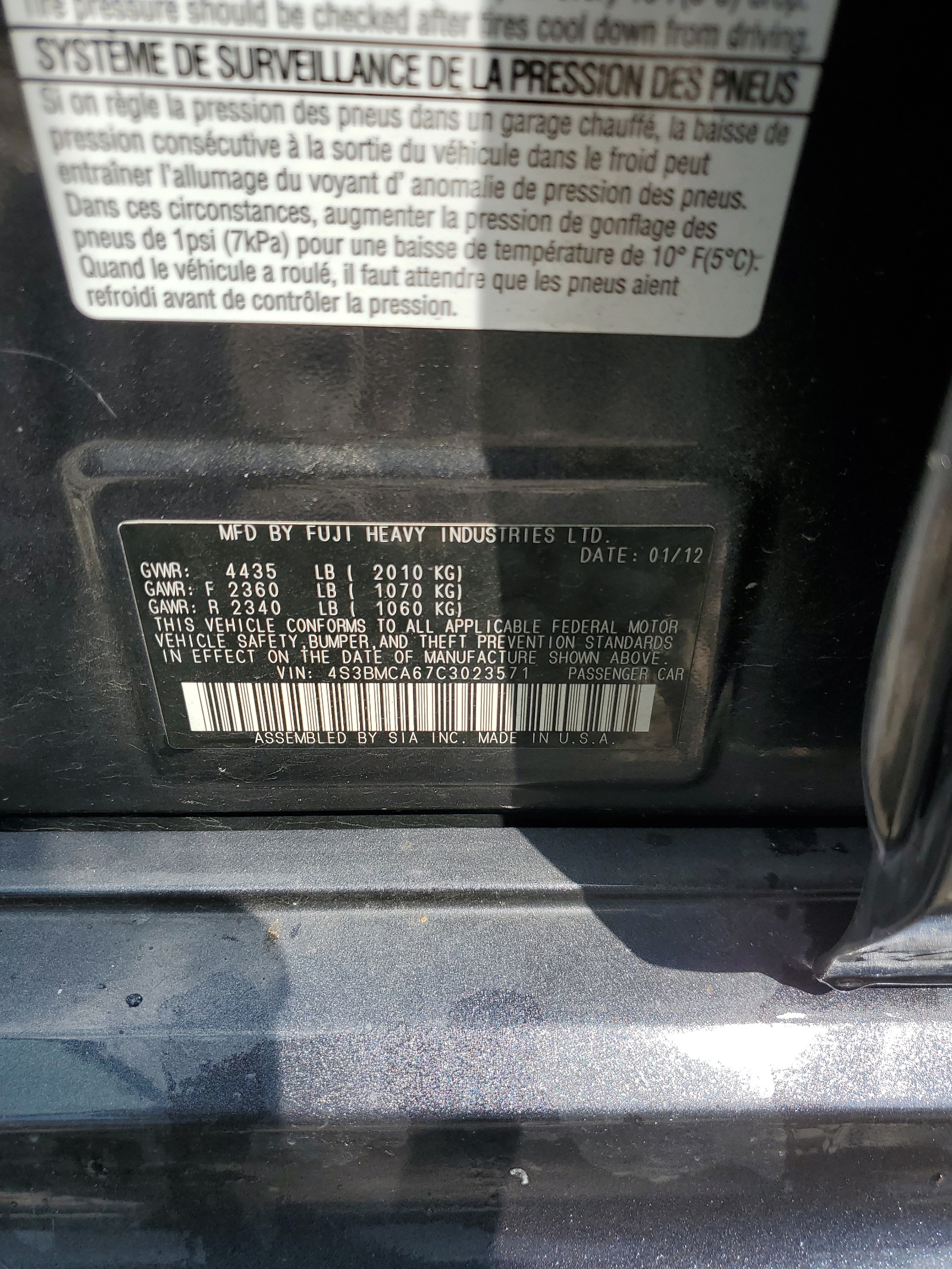 4S3BMCA67C3023571 2012 Subaru Legacy 2.5I