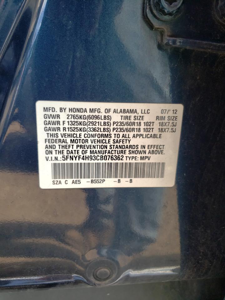 2012 Honda Pilot Touring VIN: 5FNYF4H93CB076362 Lot: 61626934