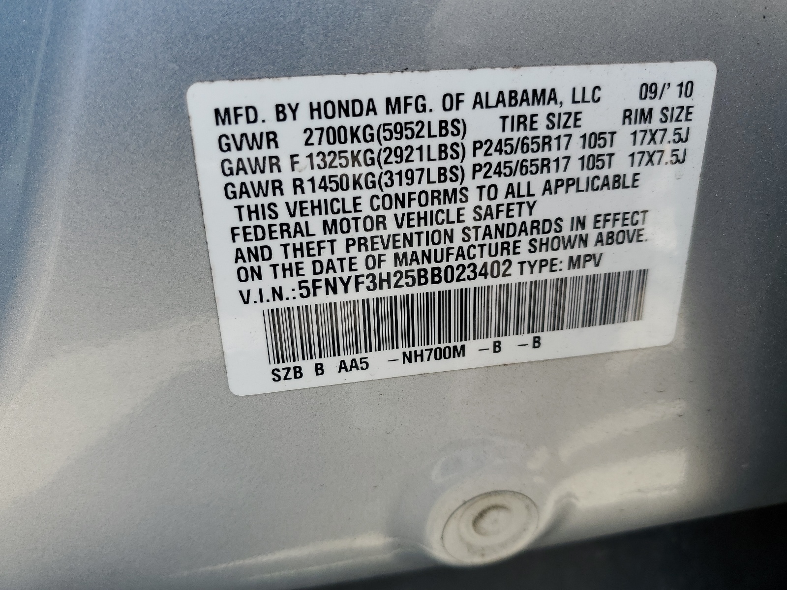 5FNYF3H25BB023402 2011 Honda Pilot Lx